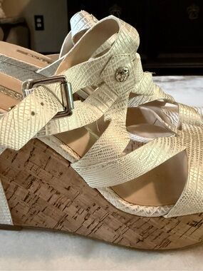 GUESS White Textured Cork Wedge Sandals